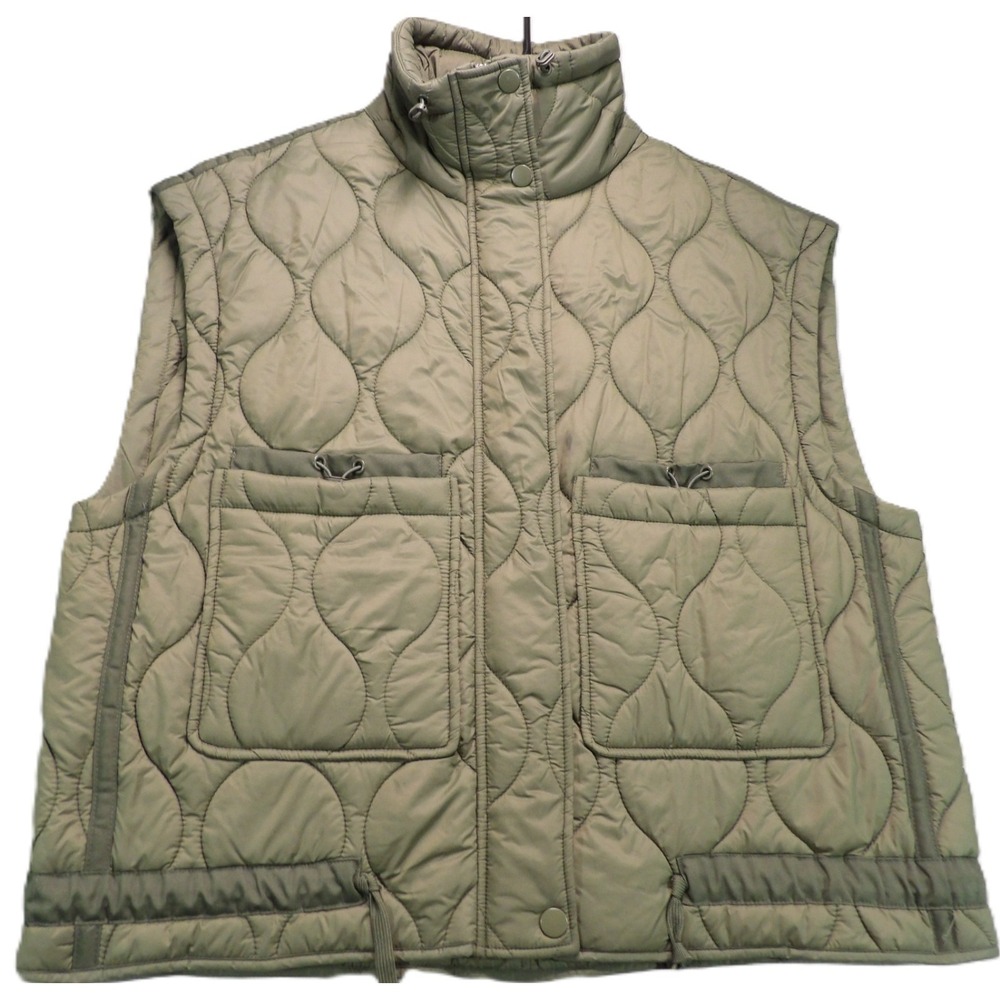 Zara Quilted Utility Vest Women XS Olive Green Puffer Gilet Pockets Onion Stitch